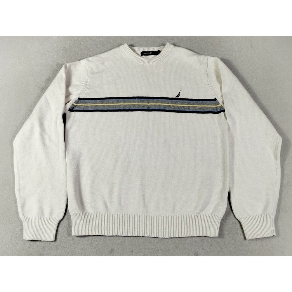 Vintage Nautica Sweater Mens Medium White Stripe Crewneck Cabincore Outdoors